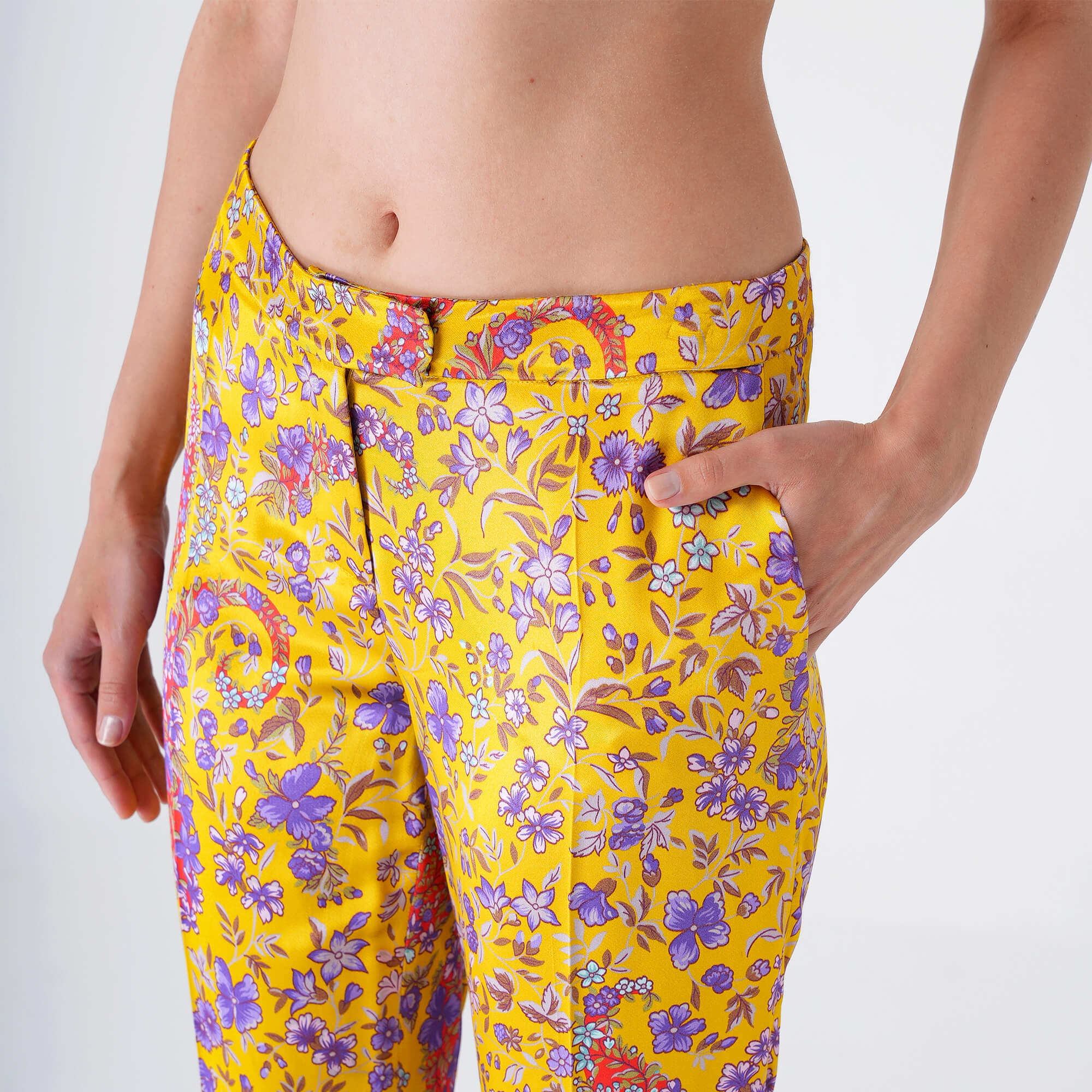 Etro - Yellow&Lilac Floral Print Viscose Flare High Waist Pants